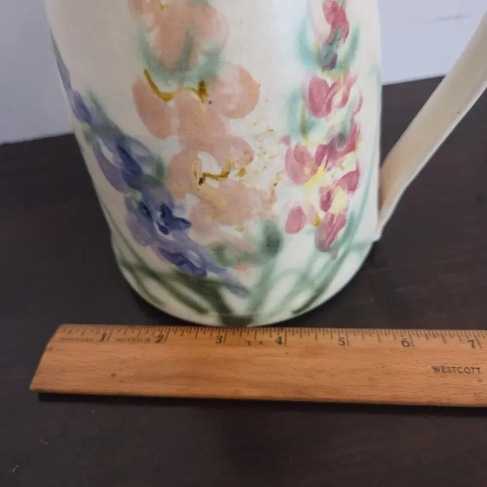 Clouds Folsom Pottery CA Handcrafted Pitcher Vase Handpainted Floral 1994 8.5